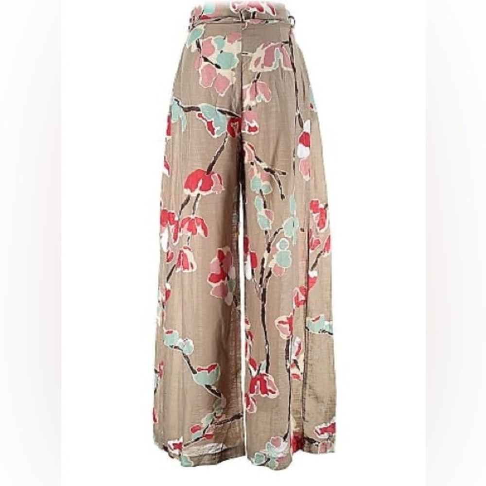 Erika Cavallini • Taupe Floral Print Silk/Cotton Palazzo Pants - Semi-Couture - Picture 2 of 2